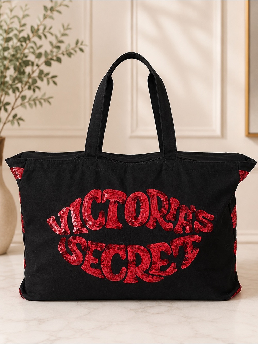 Victoria’s Secret PINK Sequin Lips Weekender Tote Travel Duffel Bag Black Red